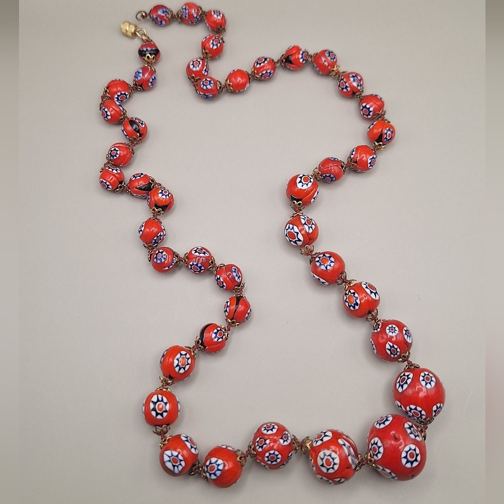 Venetian Millefiori Glass Necklace–23"Red Floral Beads *repair
